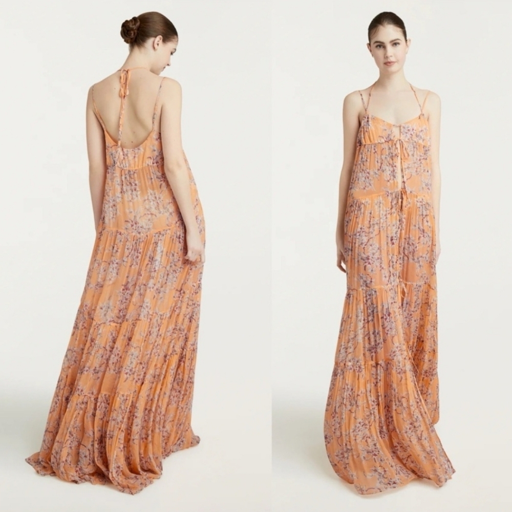 New! CINQ A SEPT A La Plage Coverup Floral Peach White Tie Front Flared Sz XS S